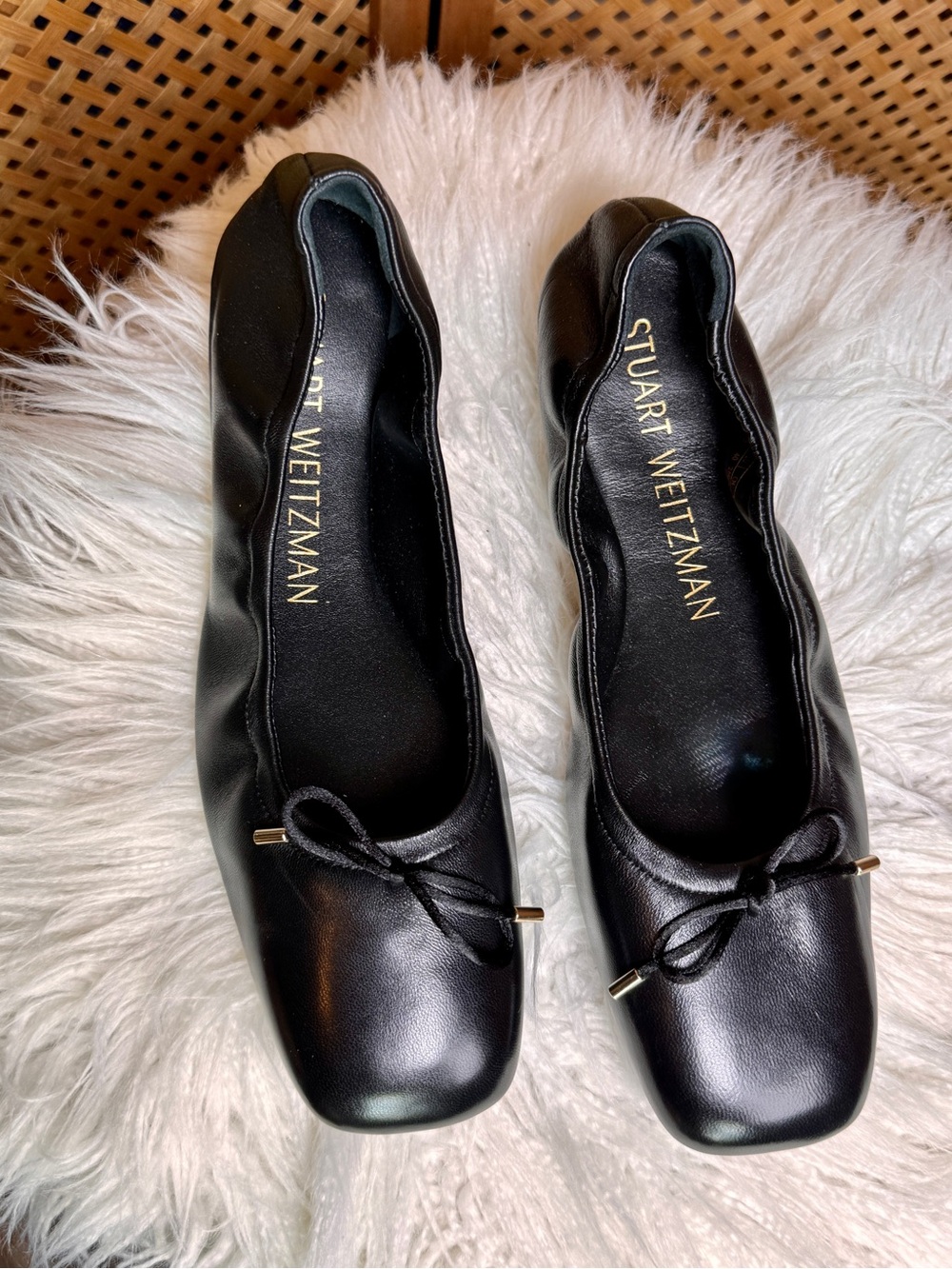 Stuart Weitzman Black Square-Toe Leather Ballet Flats with Bow
